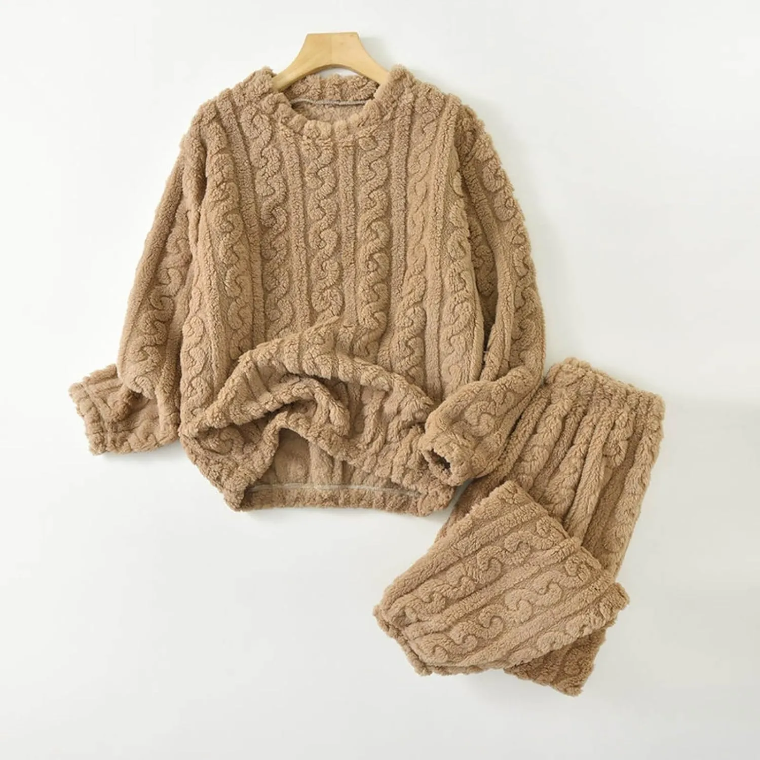 Womens Cable Knit Pajama Sets Fluffy Fleece Pullover Pants Soft Lounge Sets Winter Pajamas Sleepwear