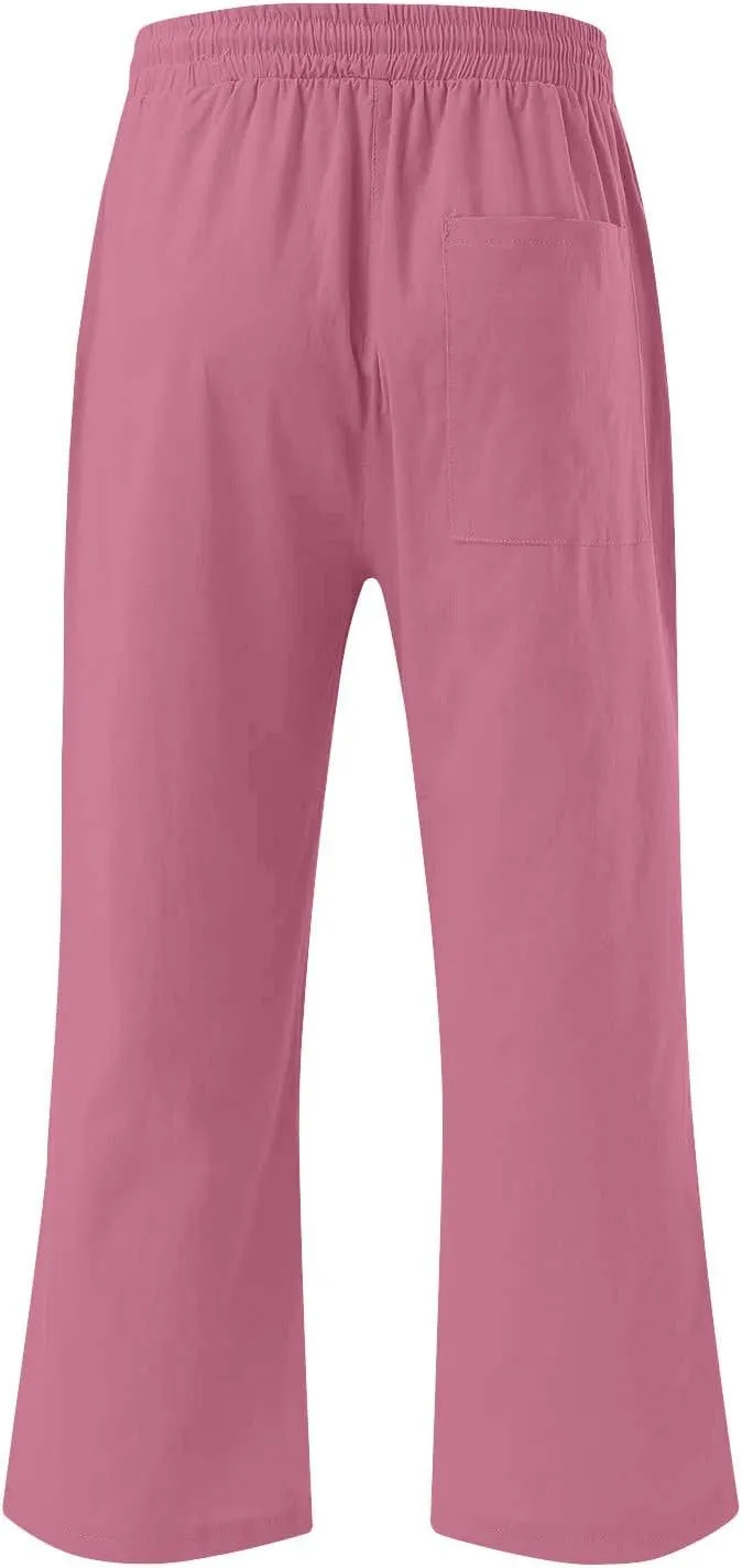 Womens Casual Capri Trousers Linen Drawstring Pocket Elastic Waisted Pants Loose Wide Leg Straight Leg Cycling Trousers