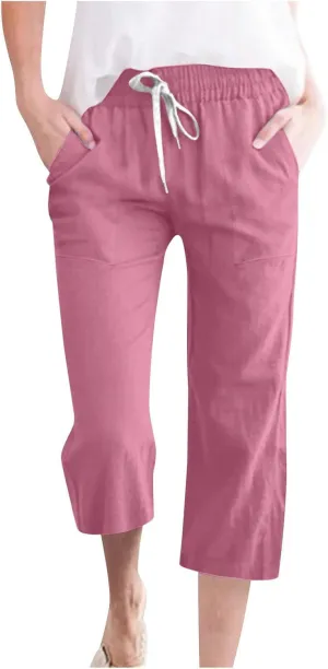 Womens Casual Capri Trousers Linen Drawstring Pocket Elastic Waisted Pants Loose Wide Leg Straight Leg Cycling Trousers