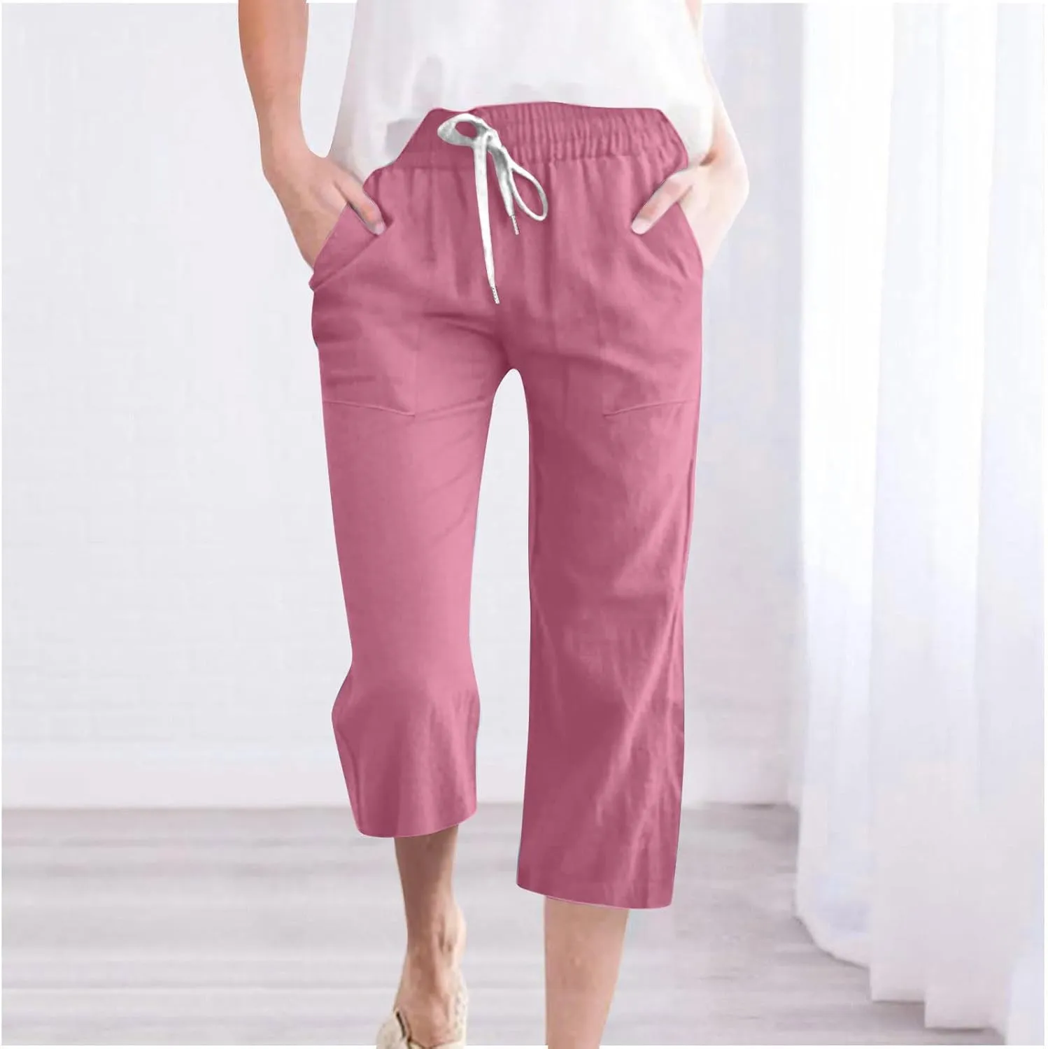 Womens Casual Capri Trousers Linen Drawstring Pocket Elastic Waisted Pants Loose Wide Leg Straight Leg Cycling Trousers