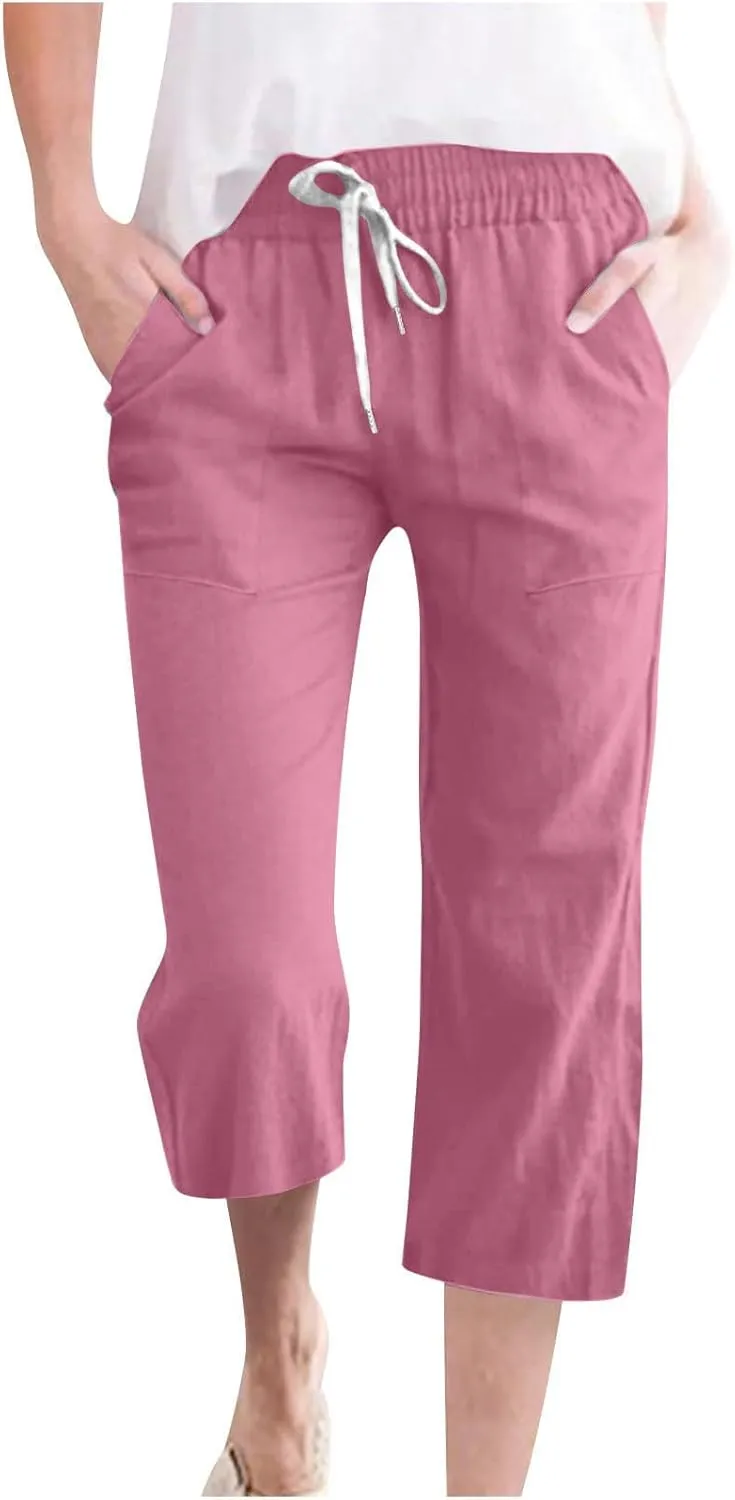 Womens Casual Capri Trousers Linen Drawstring Pocket Elastic Waisted Pants Loose Wide Leg Straight Leg Cycling Trousers