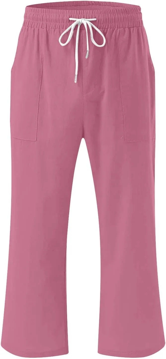 Womens Casual Capri Trousers Linen Drawstring Pocket Elastic Waisted Pants Loose Wide Leg Straight Leg Cycling Trousers