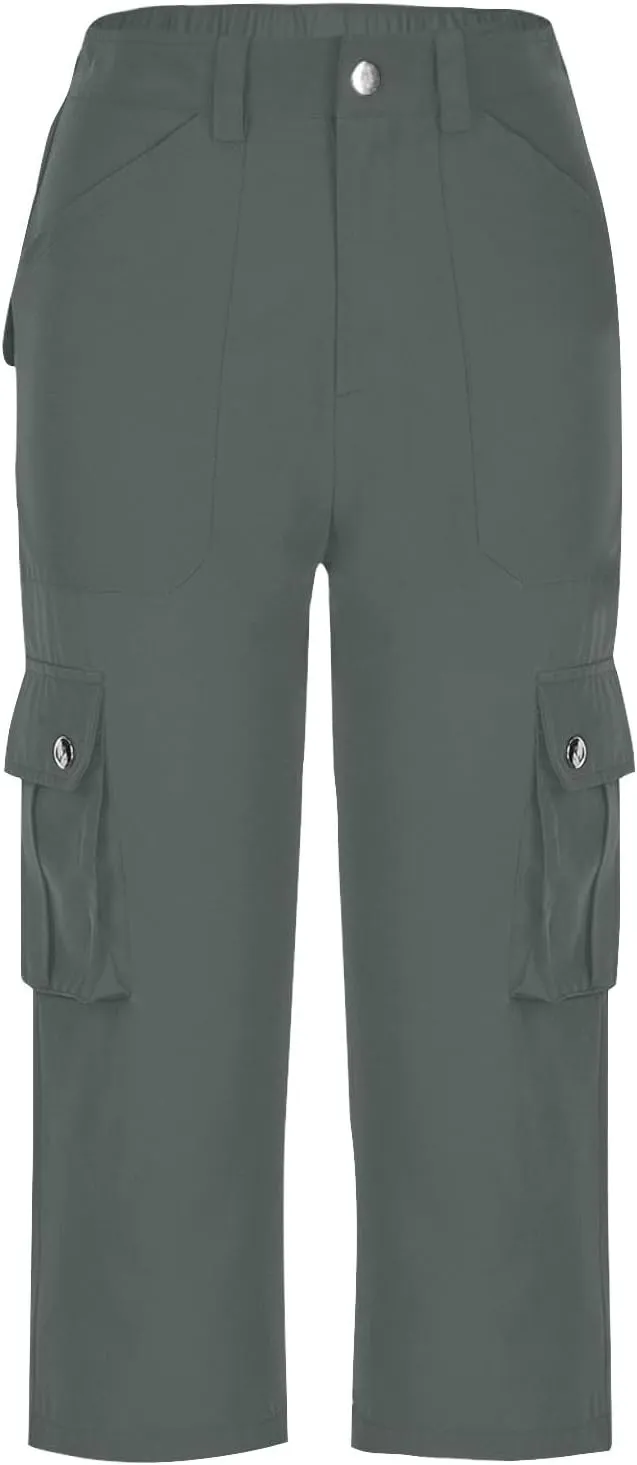 Womens Casual Cargo Capri Trousers Solid Elastic Waisted Pants with Pocket Gym Running Loose Straight Wide Leg Trousers