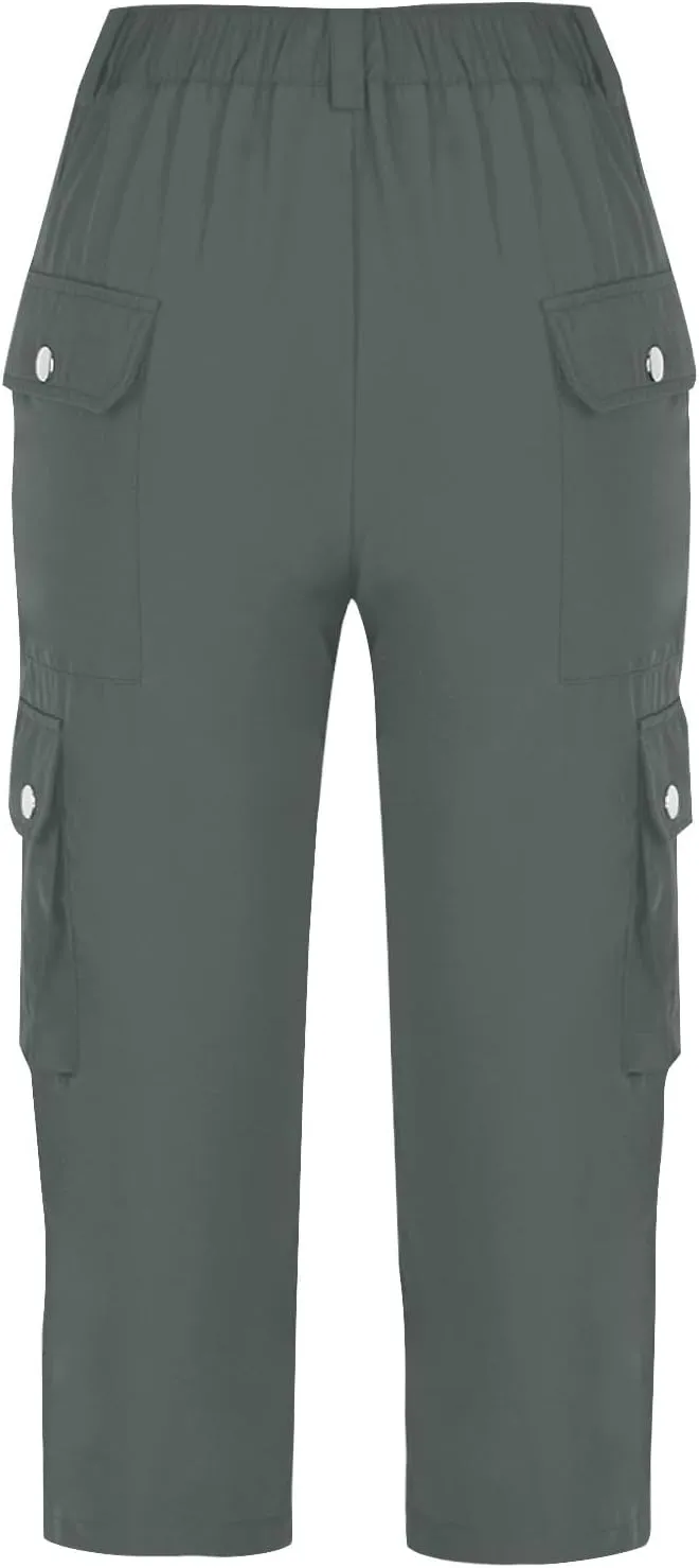 Womens Casual Cargo Capri Trousers Solid Elastic Waisted Pants with Pocket Gym Running Loose Straight Wide Leg Trousers