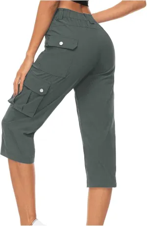 Womens Casual Cargo Capri Trousers Solid Elastic Waisted Pants with Pocket Gym Running Loose Straight Wide Leg Trousers