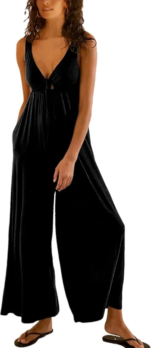 Women's Casual Loose Jumpsuits One Piece Sleeveless Wide Leg Long Pant Rompers with Pockets