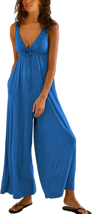 Women's Casual Loose Jumpsuits One Piece Sleeveless Wide Leg Long Pant Rompers with Pockets