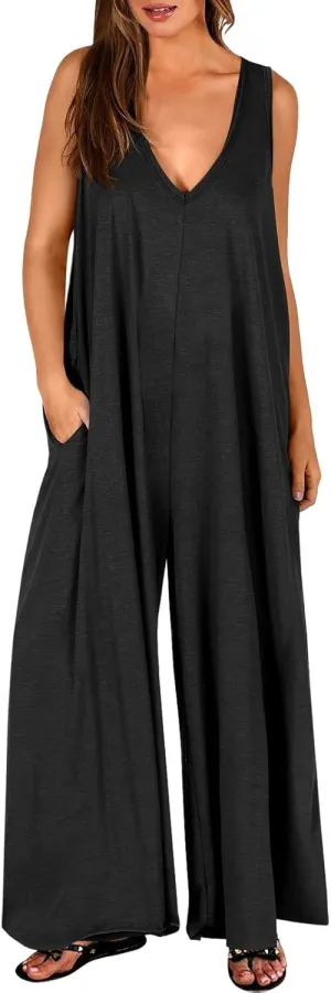 Women'S Casual Summer Loose Fit Jumpsuits Tank V Neck Sleeveless Casual Plus Size Wide Leg Long Pant Rompers 2025