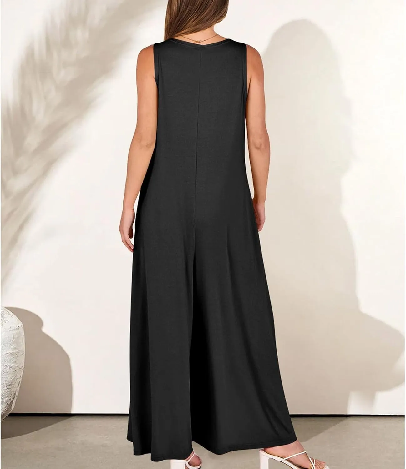 Women'S Casual Summer Loose Fit Jumpsuits Tank V Neck Sleeveless Casual Plus Size Wide Leg Long Pant Rompers 2025