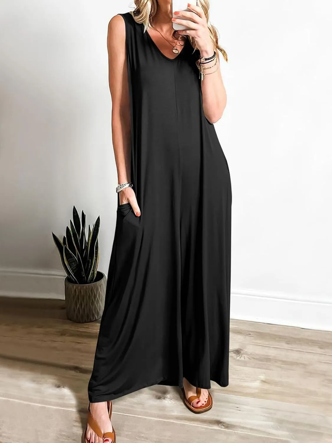 Women'S Casual Summer Loose Fit Jumpsuits Tank V Neck Sleeveless Casual Plus Size Wide Leg Long Pant Rompers 2025