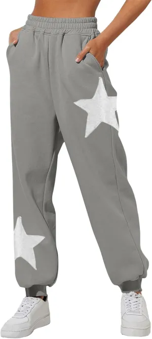 Womens Cinch Bottom Sweatpants Stars Print High Waisted Athletic Joggers Fleece Lined Lounge Trousers Winter Outfits