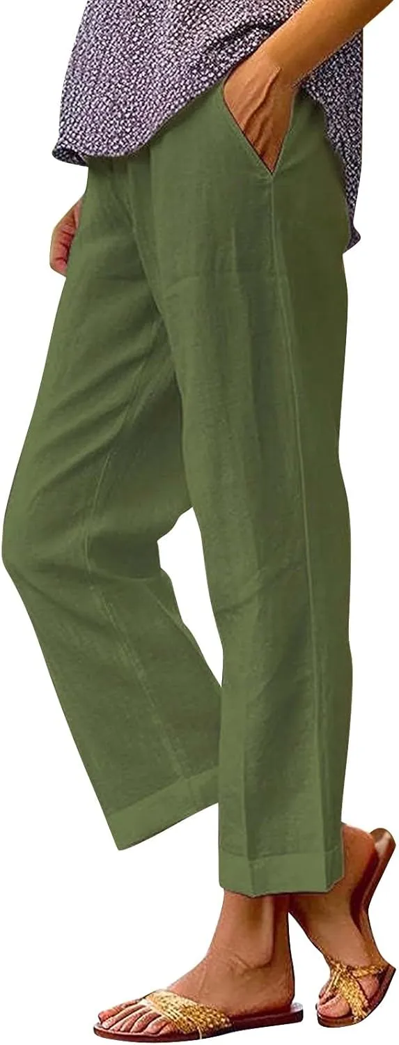 Women's Cotton Linen Casual Cropped Pants Classic Solid Color Straight Leg Baggy Trousers with Pockets Simple Versatile Pant