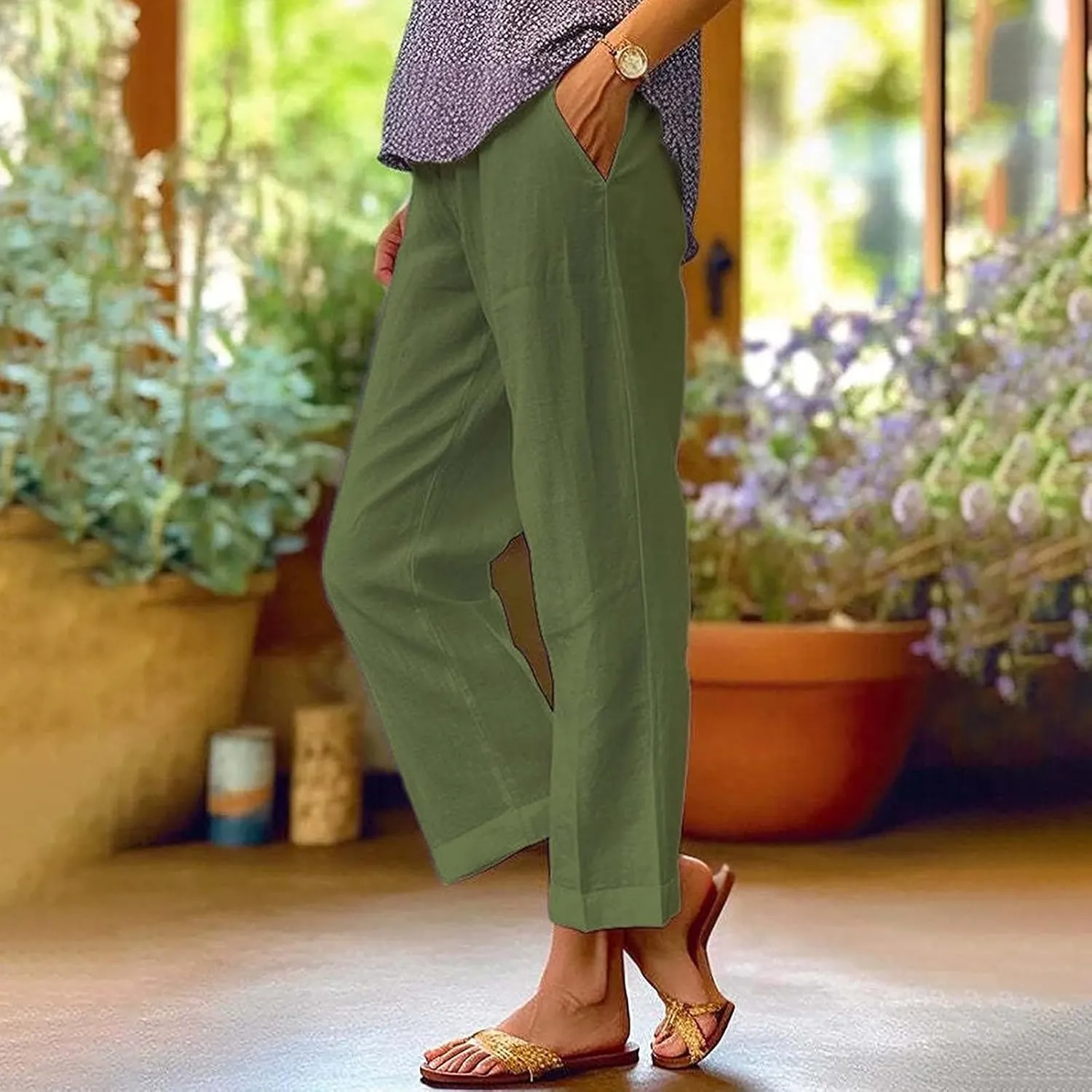Women's Cotton Linen Casual Cropped Pants Classic Solid Color Straight Leg Baggy Trousers with Pockets Simple Versatile Pant