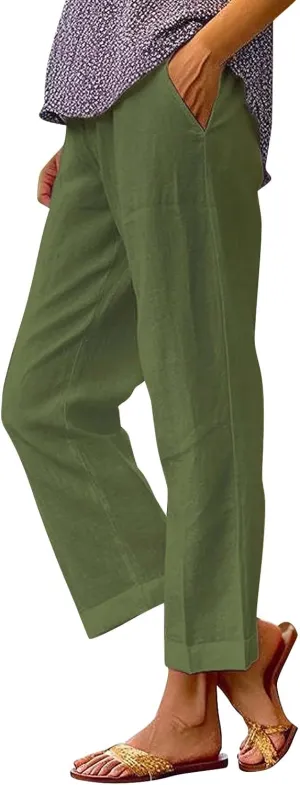 Women's Cotton Linen Casual Cropped Pants Classic Solid Color Straight Leg Baggy Trousers with Pockets Simple Versatile Pant