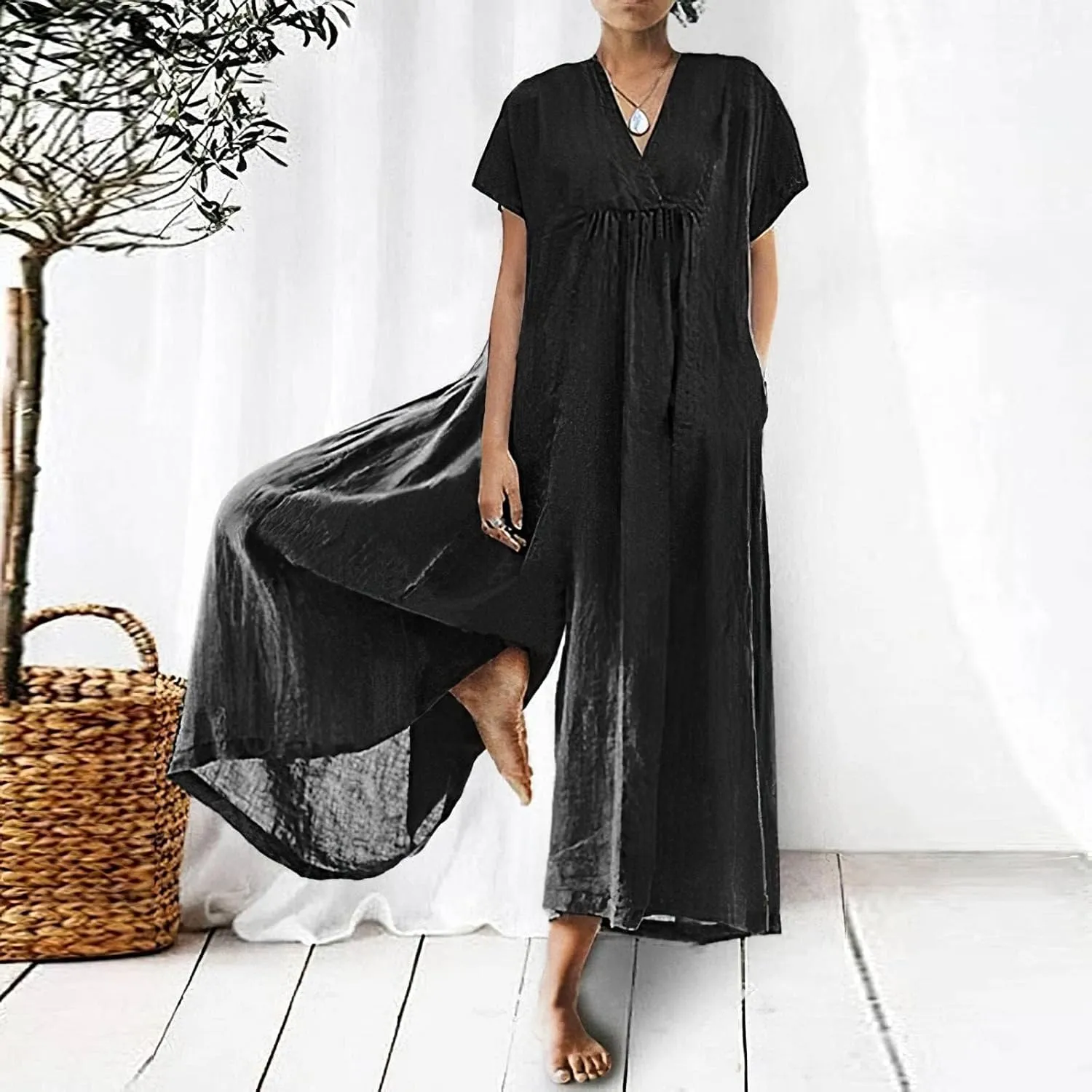 Women's Cotton Linen Loose Wide Leg Jumpsuits High Waist Casual Summer Flowy Comfy Short Sleeve Long Pants Rompers