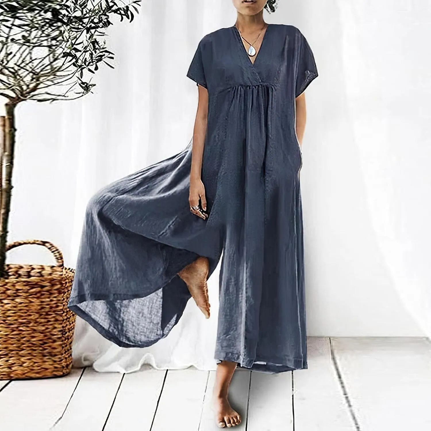 Women's Cotton Linen Loose Wide Leg Jumpsuits High Waist Casual Summer Flowy Comfy Short Sleeve Long Pants Rompers