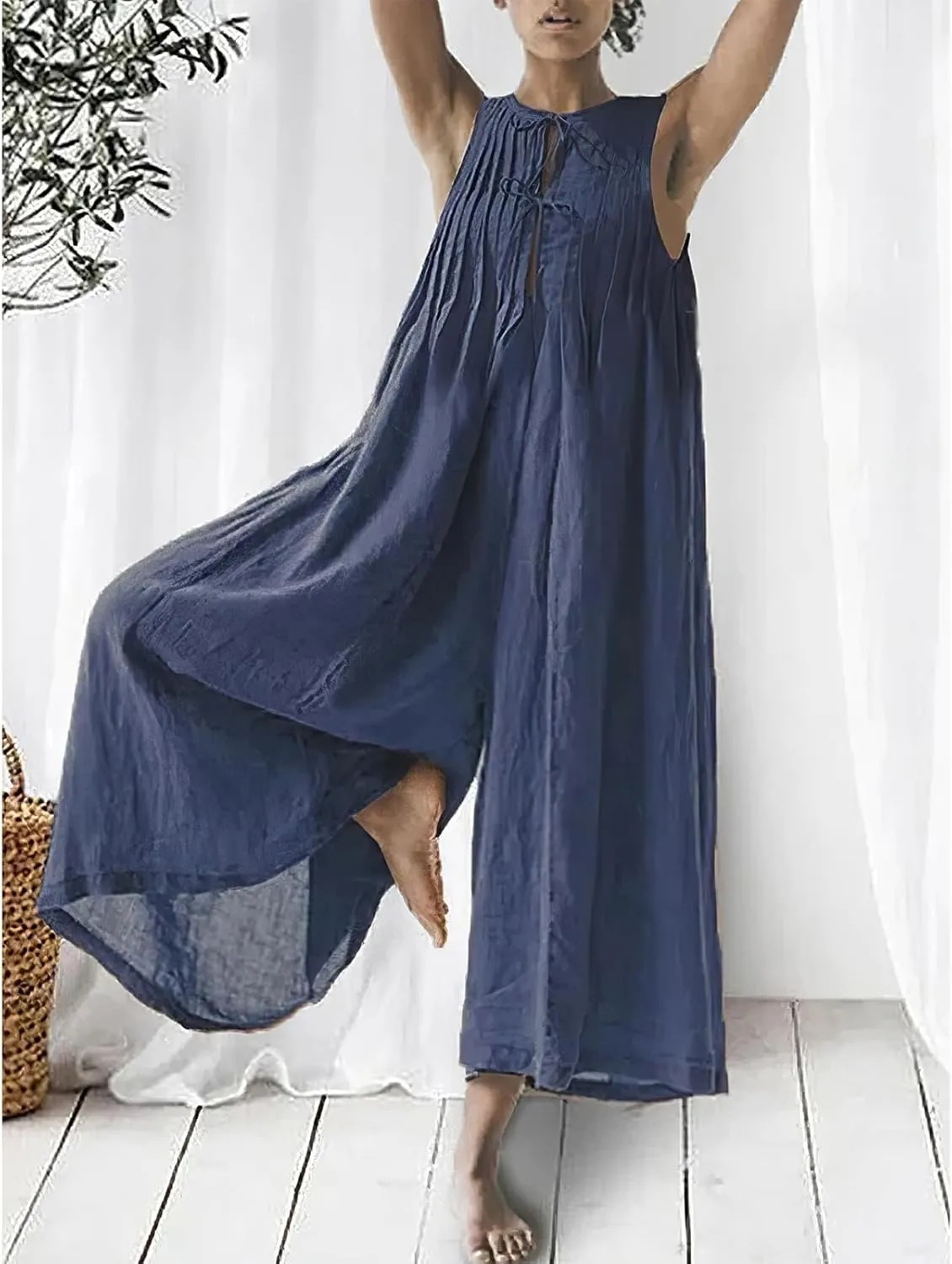 Women's Cotton Linen Loose Wide Leg Jumpsuits High Waist Casual Summer Flowy Comfy Short Sleeve Long Pants Rompers