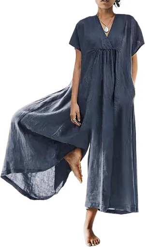 Women's Cotton Linen Loose Wide Leg Jumpsuits High Waist Casual Summer Flowy Comfy Short Sleeve Long Pants Rompers