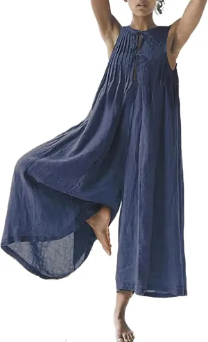 Women's Cotton Linen Loose Wide Leg Jumpsuits High Waist Casual Summer Flowy Comfy Short Sleeve Long Pants Rompers