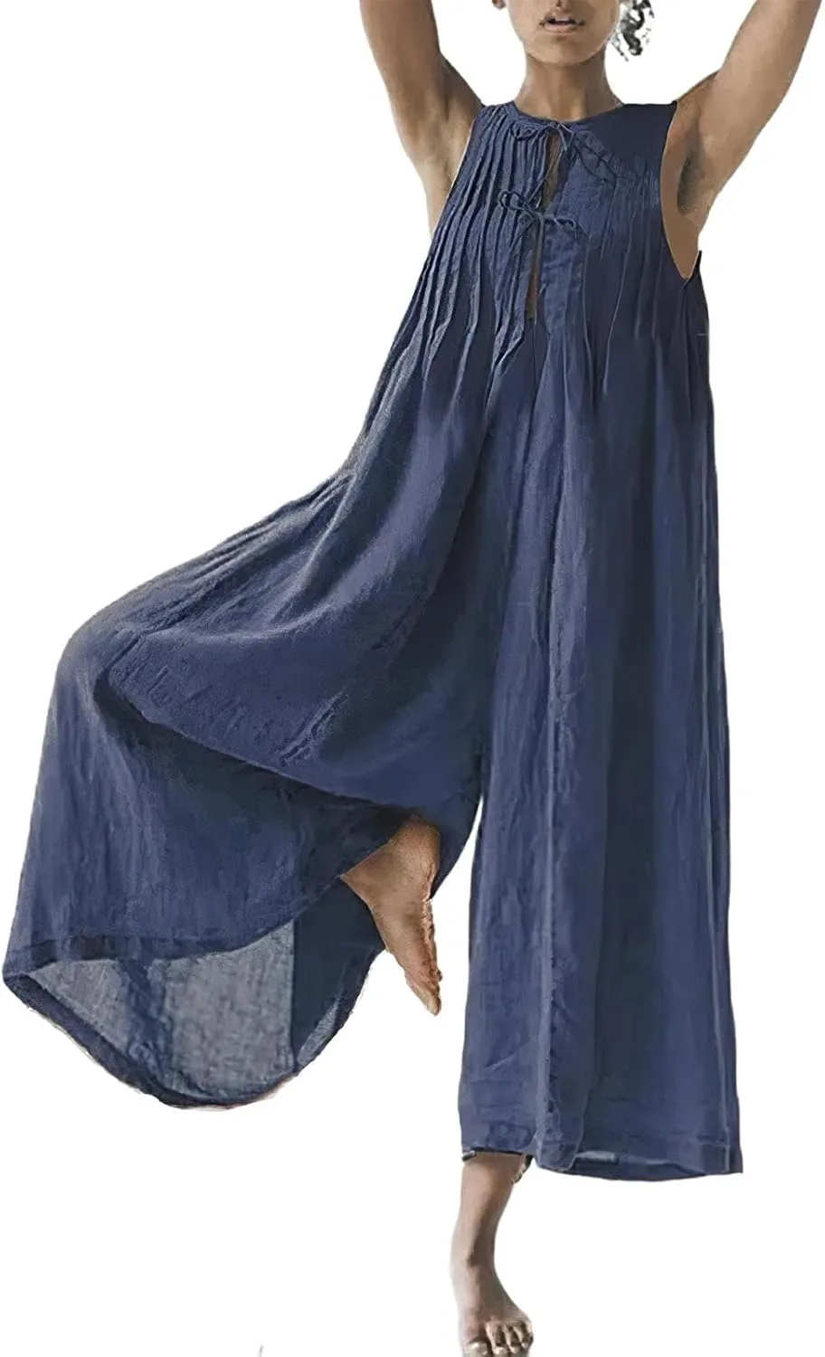 Women's Cotton Linen Loose Wide Leg Jumpsuits High Waist Casual Summer Flowy Comfy Short Sleeve Long Pants Rompers