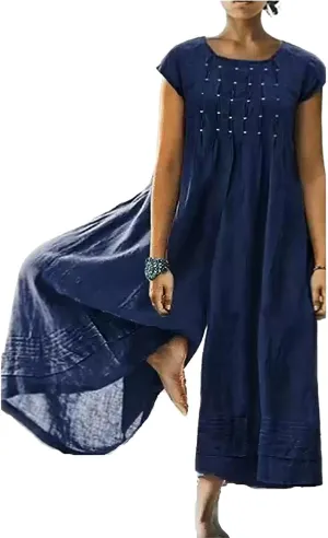 Women's Cotton Linen Loose Wide Leg Jumpsuits High Waist Casual Summer Flowy Comfy Short Sleeve Long Pants Rompers