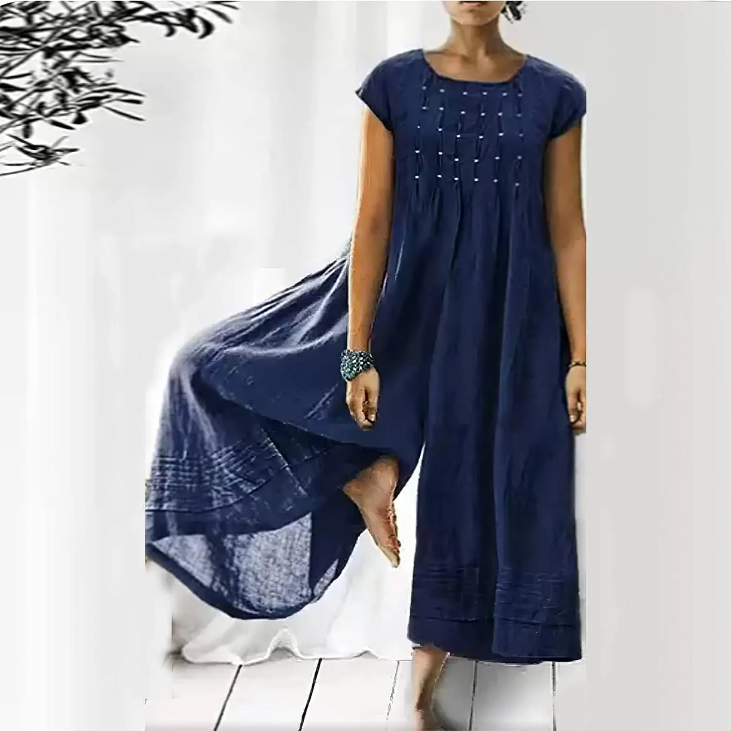Women's Cotton Linen Loose Wide Leg Jumpsuits High Waist Casual Summer Flowy Comfy Short Sleeve Long Pants Rompers