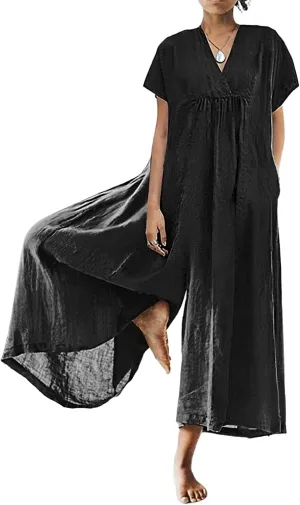 Women's Cotton Linen Loose Wide Leg Jumpsuits High Waist Casual Summer Flowy Comfy Short Sleeve Long Pants Rompers