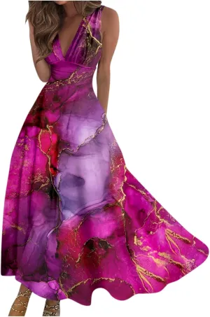 Womens Dresses Flowy Ruched Floral Print Sundresses Wrap V Neck Sleeveless Maxi Dress Elegant Beach Dresses