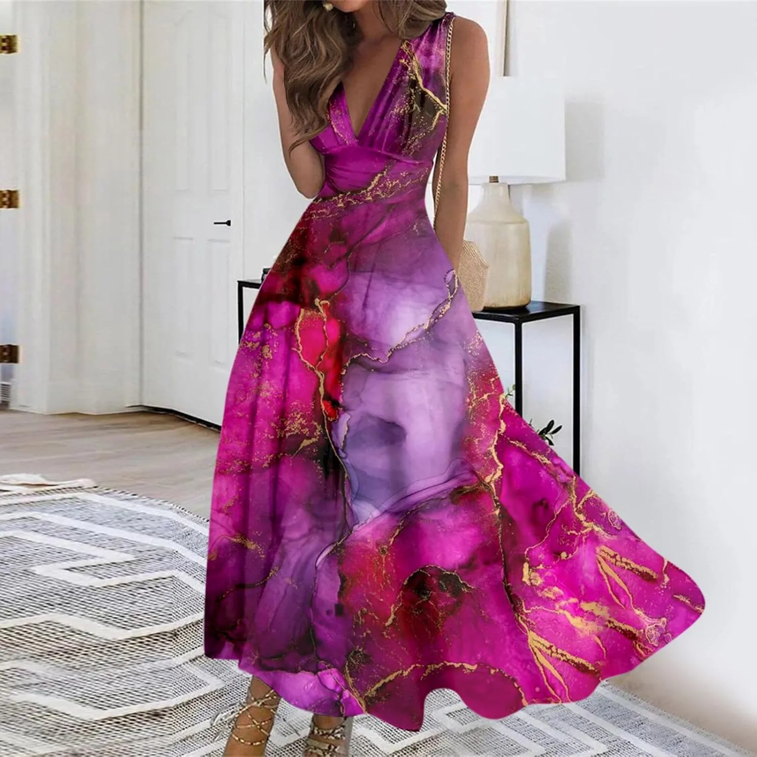 Womens Dresses Flowy Ruched Floral Print Sundresses Wrap V Neck Sleeveless Maxi Dress Elegant Beach Dresses