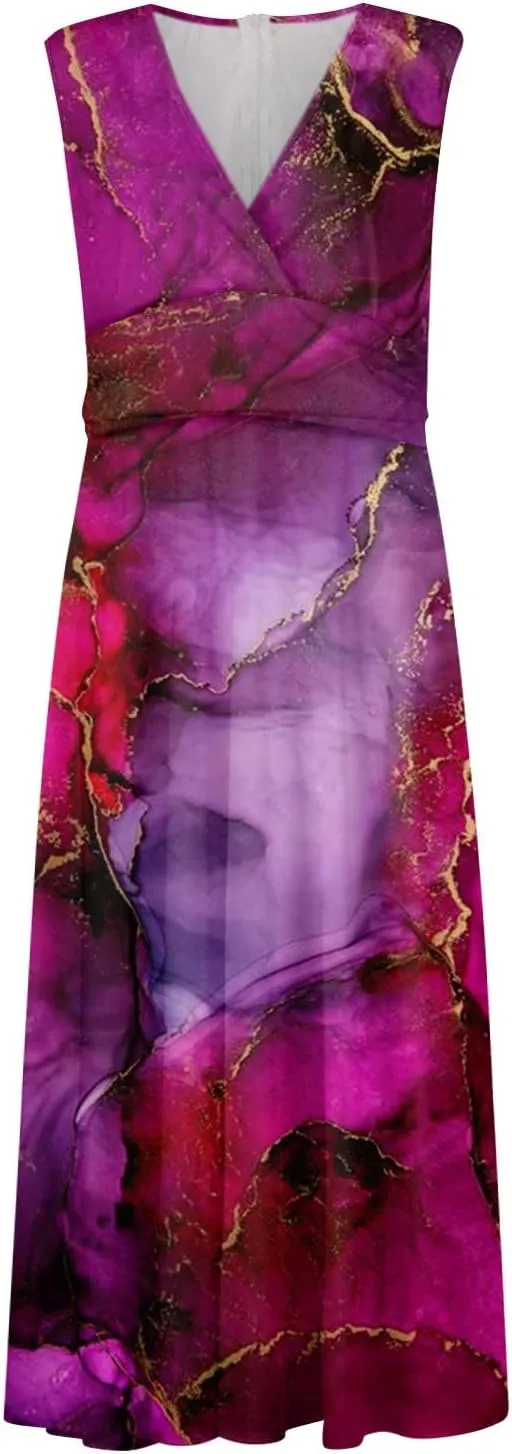 Womens Dresses Flowy Ruched Floral Print Sundresses Wrap V Neck Sleeveless Maxi Dress Elegant Beach Dresses