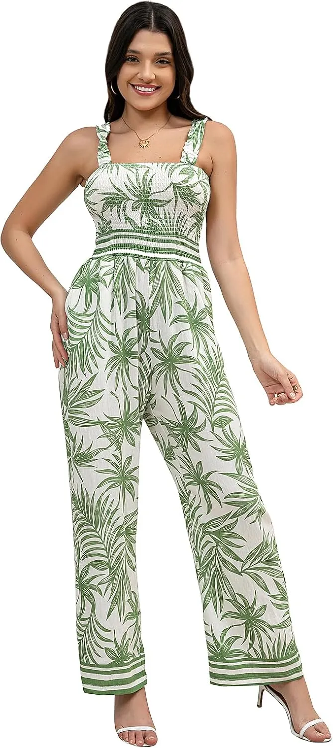 Women's Floral One piece Suit Sleeveless Jumpsuit Summer Cotton Linen Spaghetti Strap Pocket Jumpsuit
