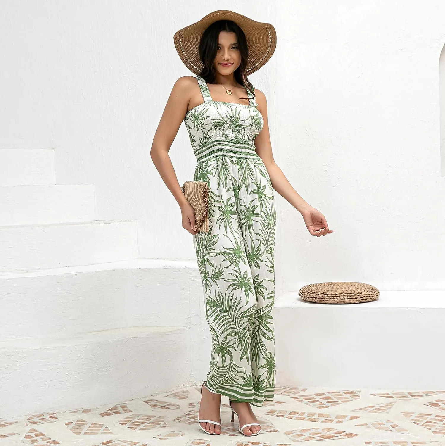 Women's Floral One piece Suit Sleeveless Jumpsuit Summer Cotton Linen Spaghetti Strap Pocket Jumpsuit