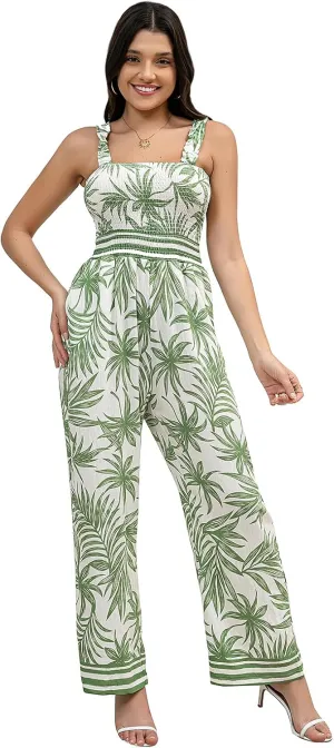 Women's Floral One piece Suit Sleeveless Jumpsuit Summer Cotton Linen Spaghetti Strap Pocket Jumpsuit