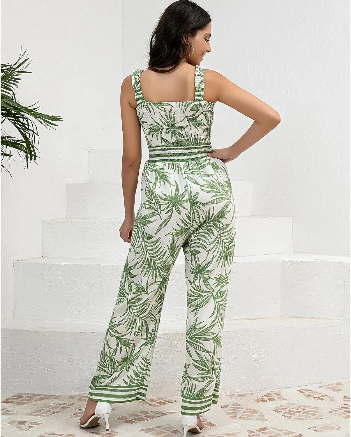 Women's Floral One piece Suit Sleeveless Jumpsuit Summer Cotton Linen Spaghetti Strap Pocket Jumpsuit