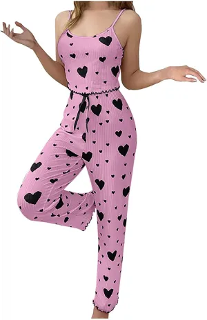Women's Heart Print Crop Cami Top With Wide Leg Pants Letture Two Piece Pajama Set Loungewear Sleepwear Nightwear