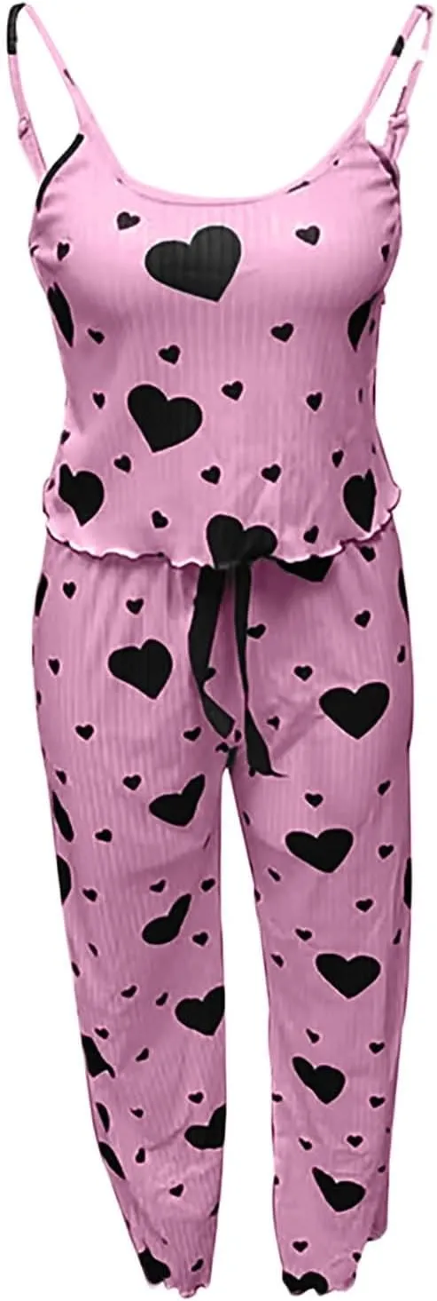 Women's Heart Print Crop Cami Top With Wide Leg Pants Letture Two Piece Pajama Set Loungewear Sleepwear Nightwear
