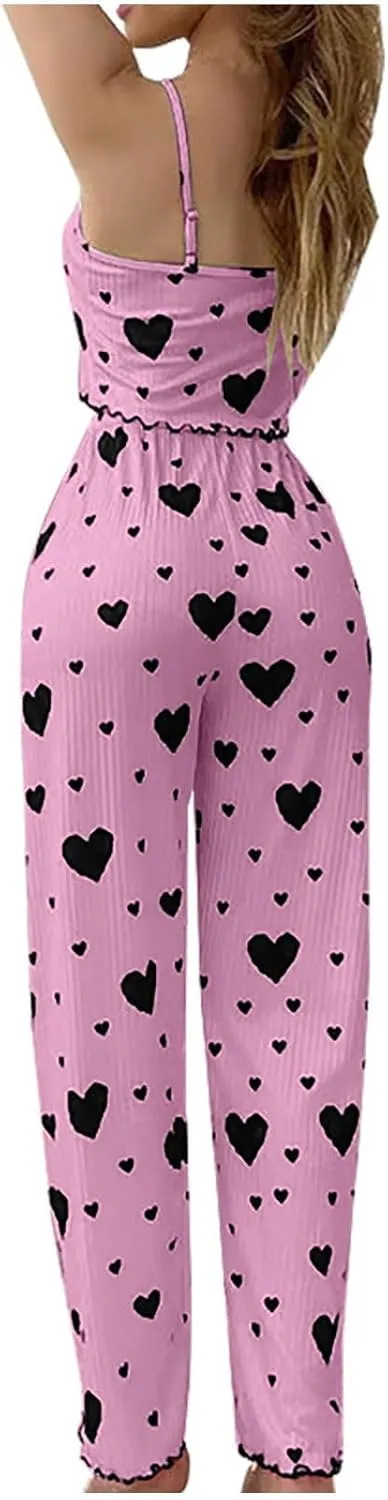Women's Heart Print Crop Cami Top With Wide Leg Pants Letture Two Piece Pajama Set Loungewear Sleepwear Nightwear