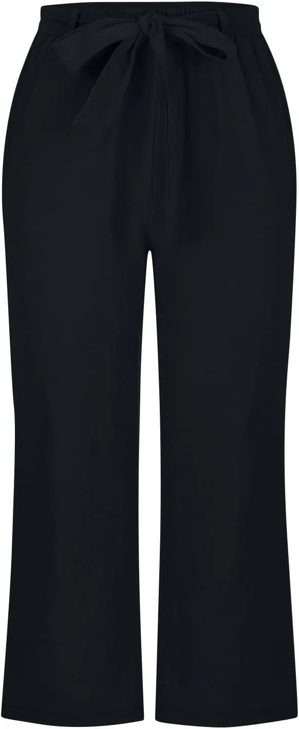 Women's Imitation Cotton and Linen Pants Elastic Waist Drawstring Capri Pants with Pockets Straight Leg Trousers