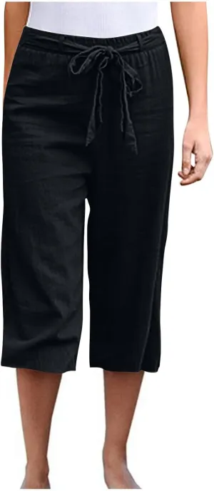 Women's Imitation Cotton and Linen Pants Elastic Waist Drawstring Capri Pants with Pockets Straight Leg Trousers
