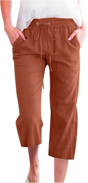 Women's Joggers Casual Straight Leg Capri Soft Pants Elastic Waist Lightweight Beach Capri Trouser with Pockets