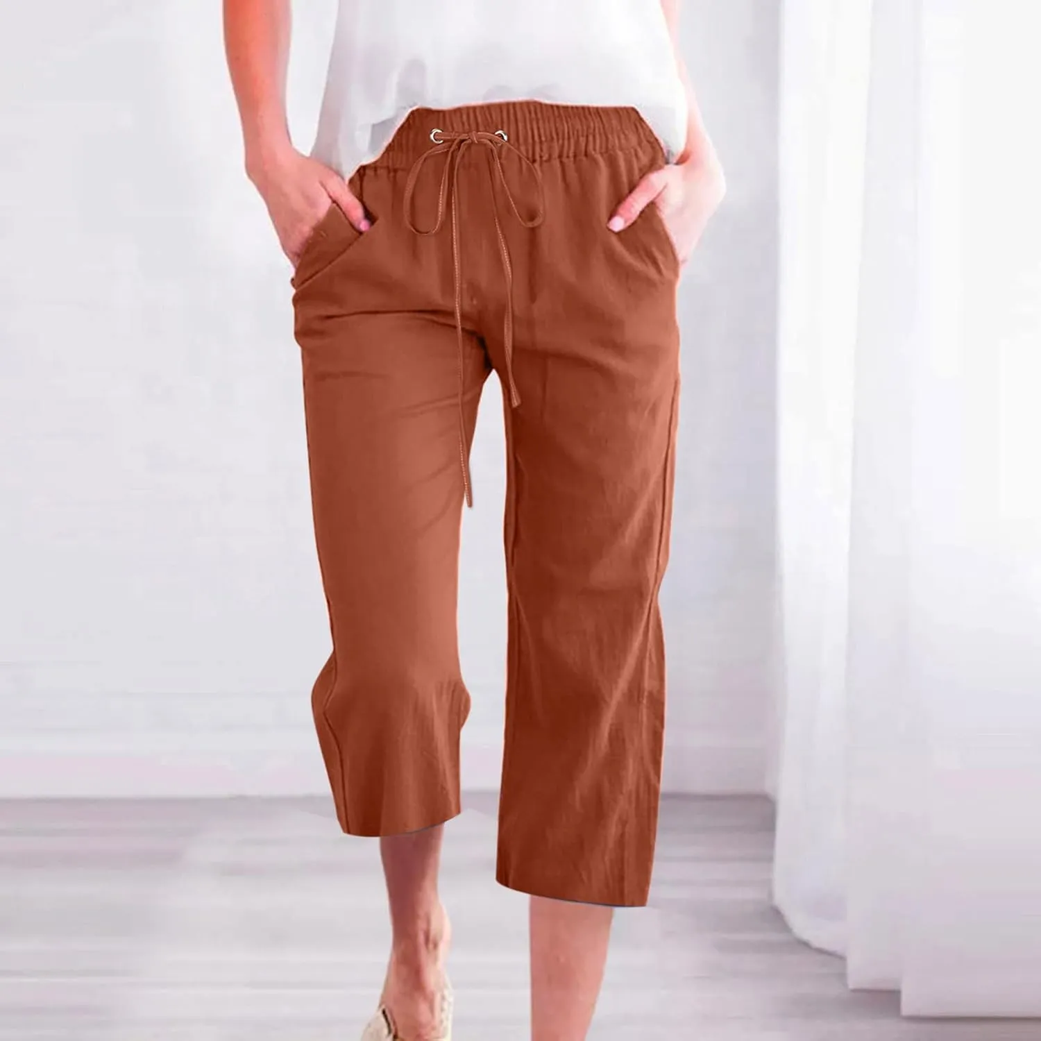 Women's Joggers Casual Straight Leg Capri Soft Pants Elastic Waist Lightweight Beach Capri Trouser with Pockets
