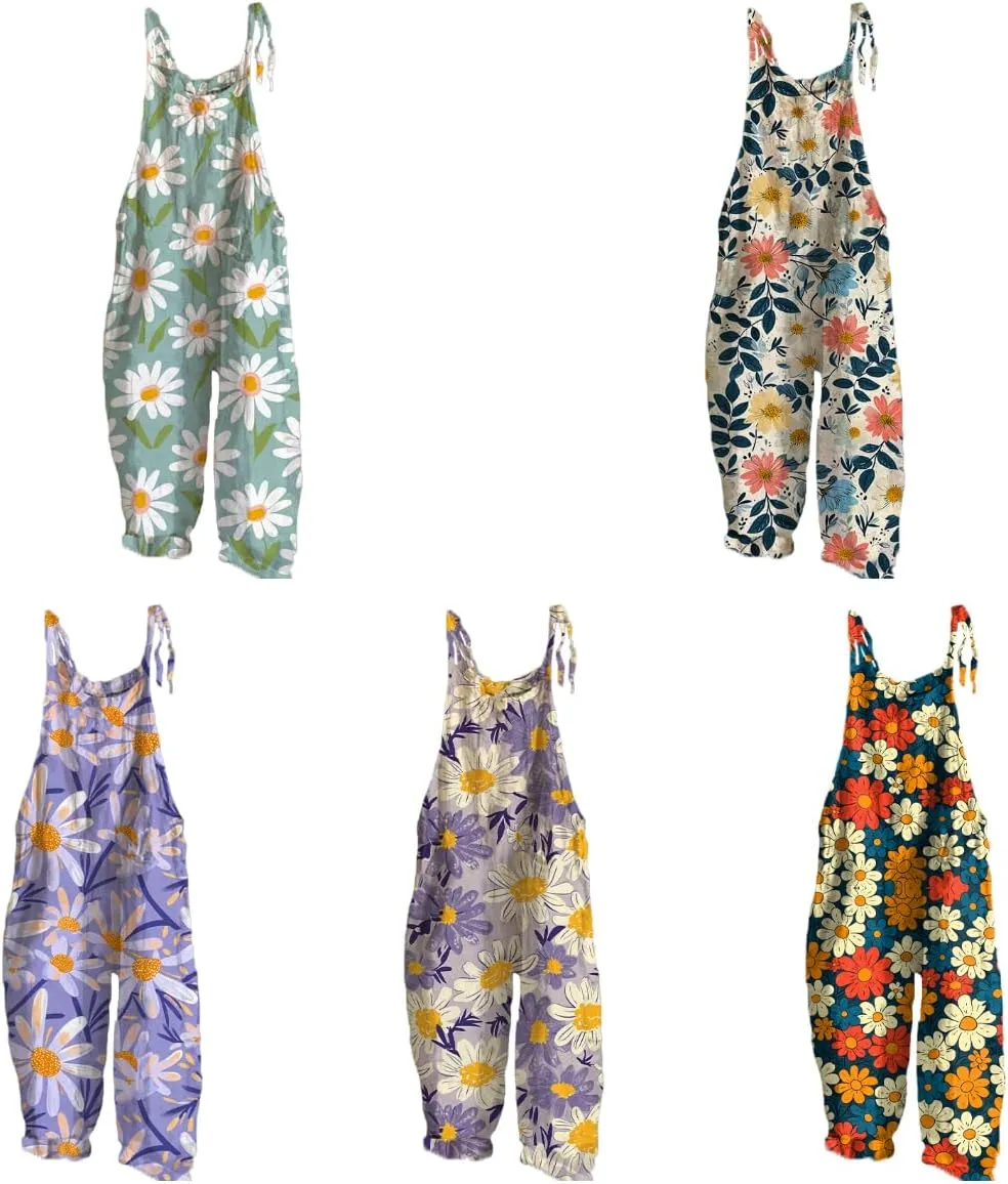 Women's Jumpsuits Boho Floral Printed Plus Size Casual Rompers Sleeveless Soft Baggy Bohemian Style Trousers
