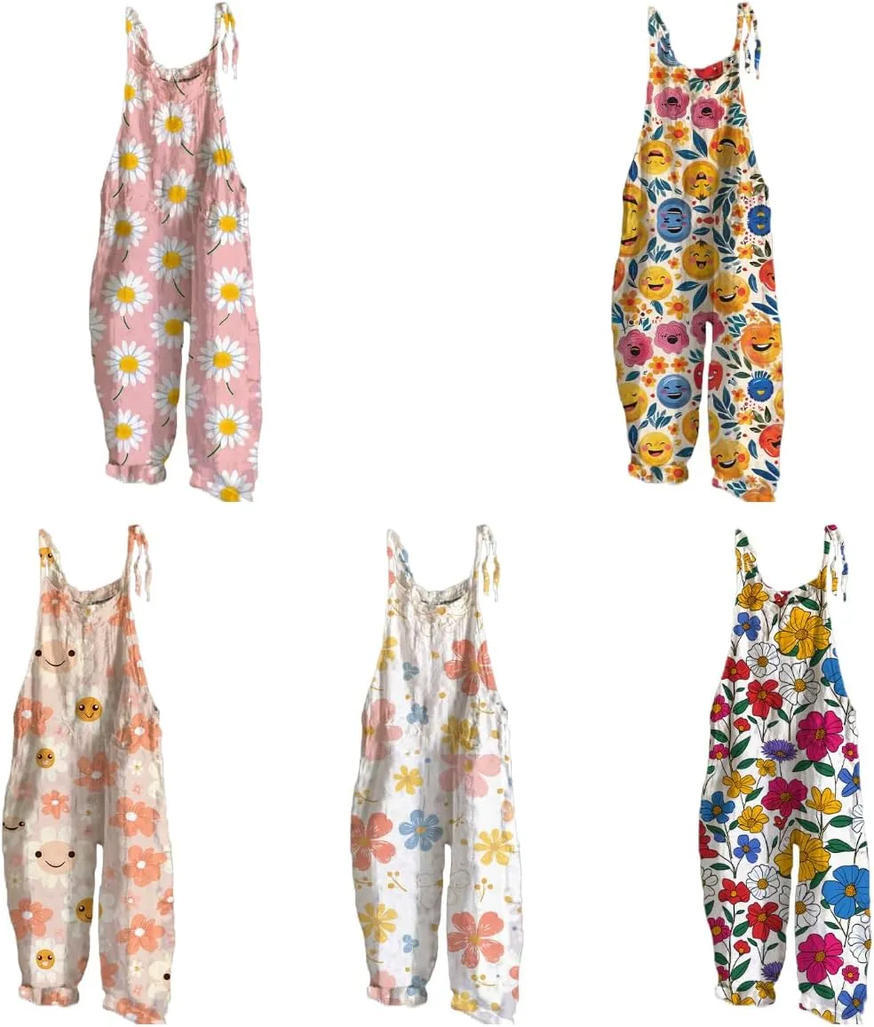 Women's Jumpsuits Boho Floral Printed Plus Size Casual Rompers Sleeveless Soft Baggy Bohemian Style Trousers