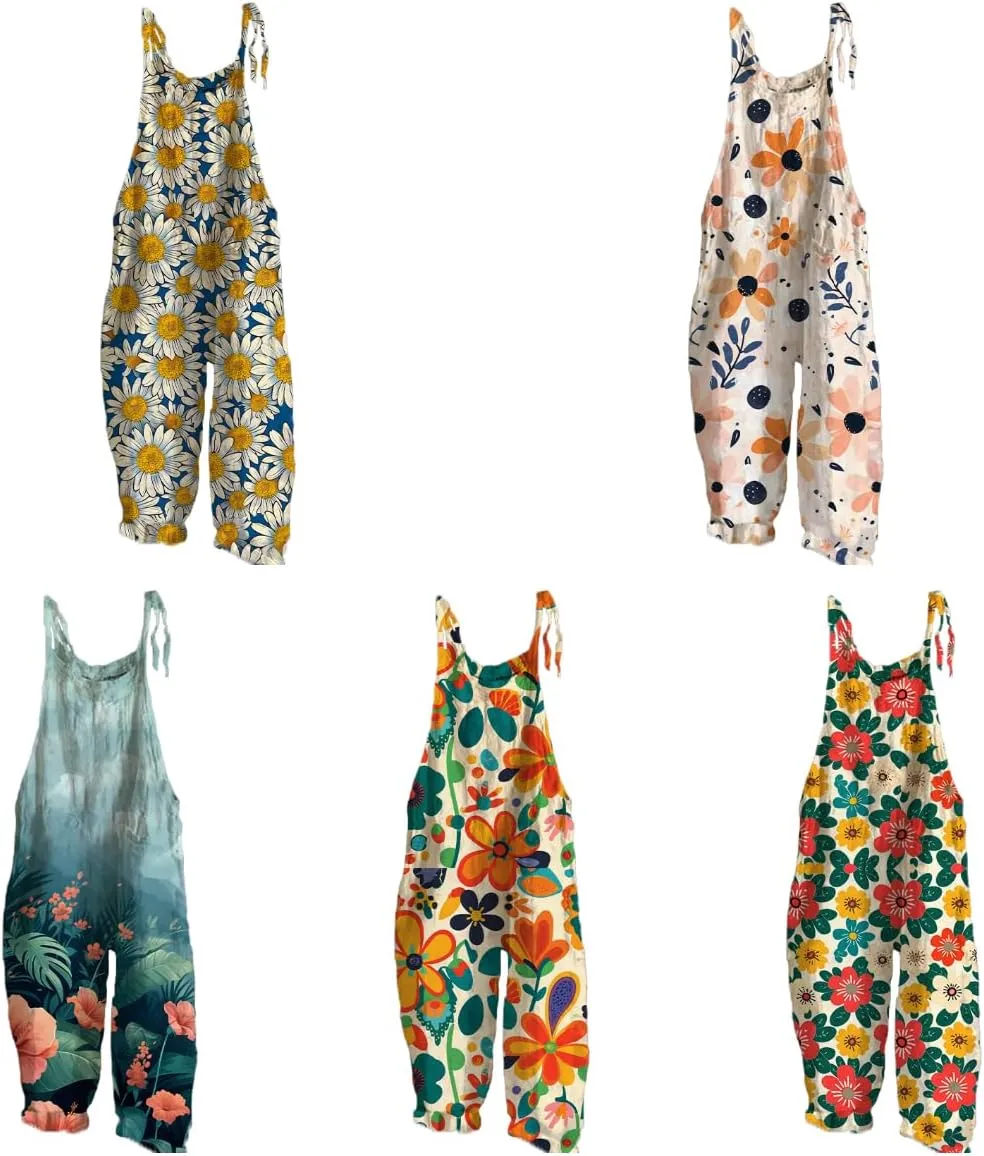 Women's Jumpsuits Boho Floral Printed Plus Size Casual Rompers Sleeveless Soft Baggy Bohemian Style Trousers