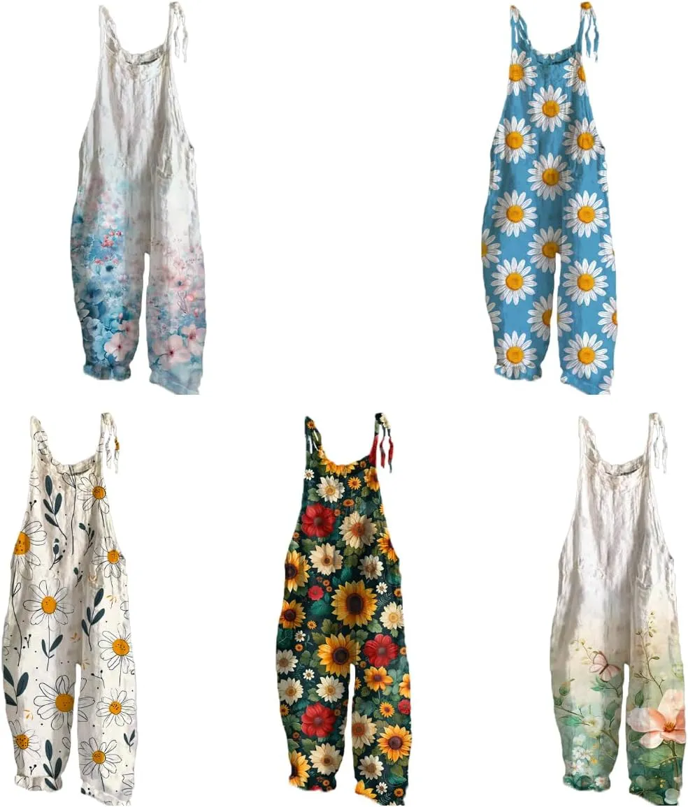 Women's Jumpsuits Boho Floral Printed Plus Size Casual Rompers Sleeveless Soft Baggy Bohemian Style Trousers