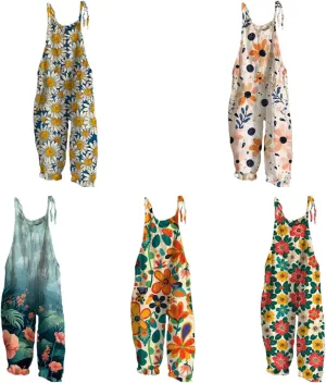 Women's Jumpsuits Boho Floral Printed Plus Size Casual Rompers Sleeveless Soft Baggy Bohemian Style Trousers