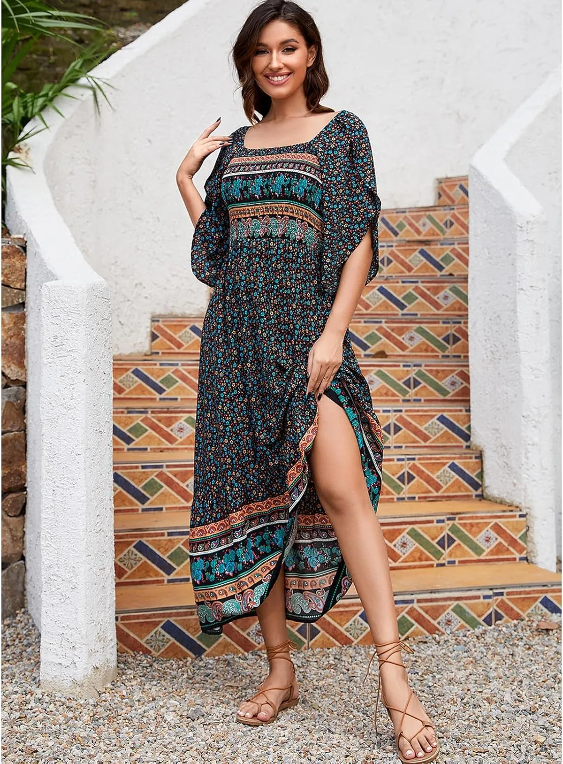 Women's Long Maxi Dress Sexy Off Shoulder Floral Dress Ruffle Short Sleeve Smocked Flowy A Line Boho Dress