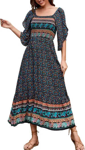 Women's Long Maxi Dress Sexy Off Shoulder Floral Dress Ruffle Short Sleeve Smocked Flowy A Line Boho Dress