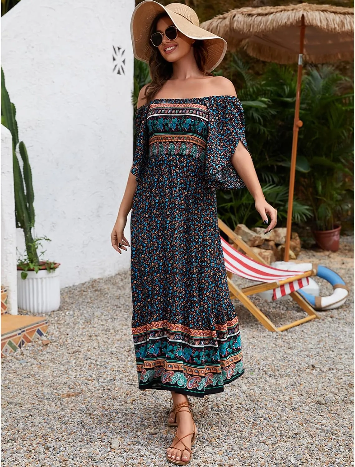 Women's Long Maxi Dress Sexy Off Shoulder Floral Dress Ruffle Short Sleeve Smocked Flowy A Line Boho Dress