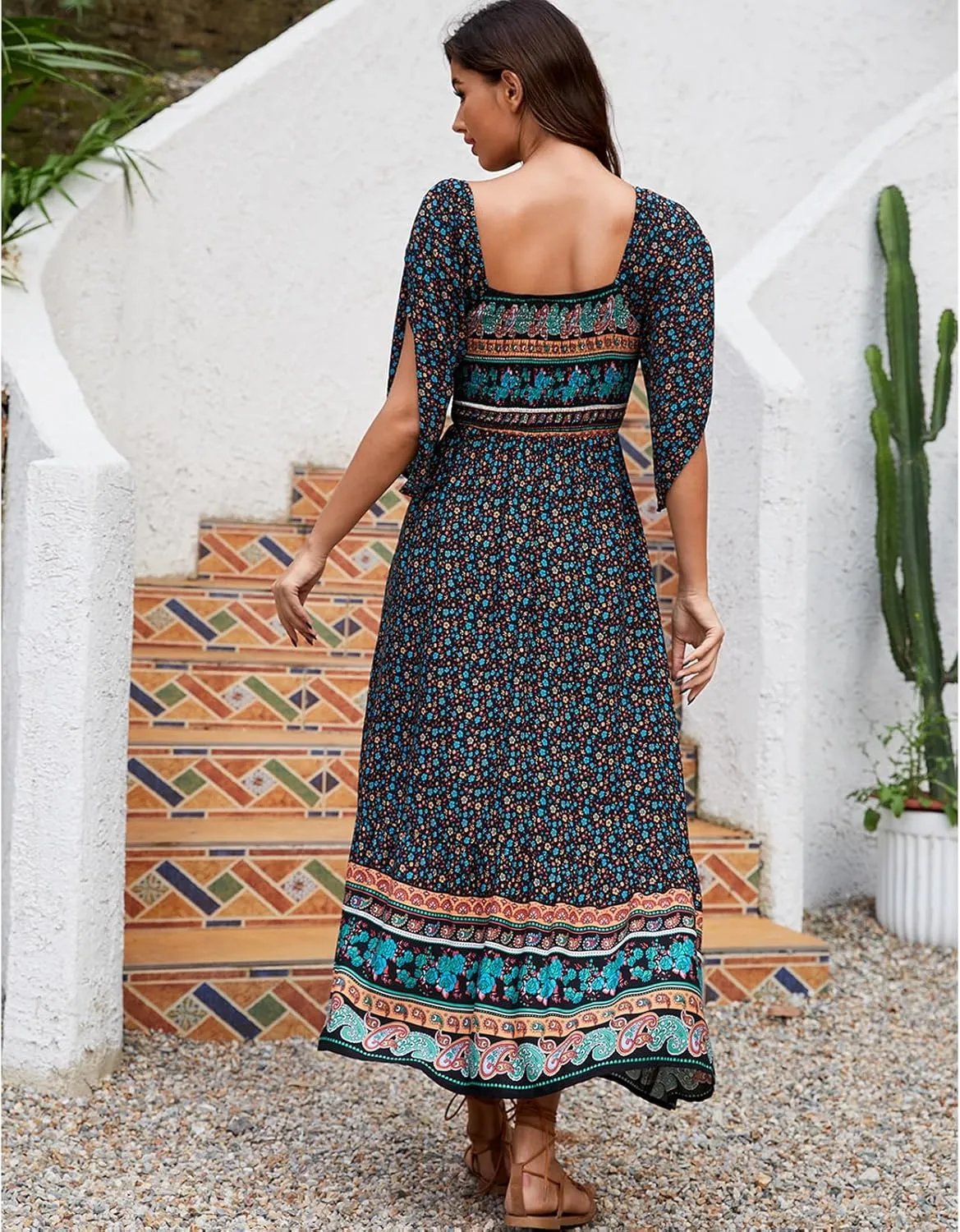 Women's Long Maxi Dress Sexy Off Shoulder Floral Dress Ruffle Short Sleeve Smocked Flowy A Line Boho Dress